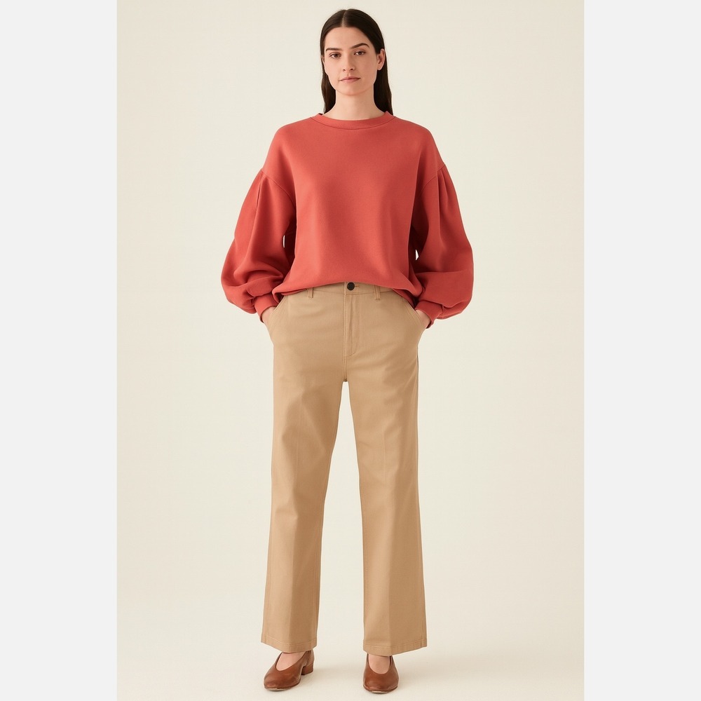 Zara Long Bishop Sleeve Crewneck‎ Sweatshirt Rust L Oversized Lagenlook 64-16